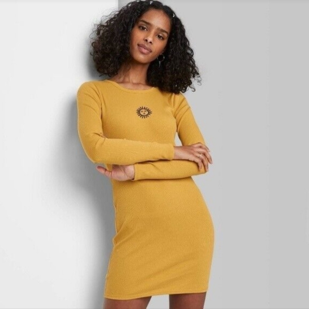 Wild Fable Yellow Sunflower Sun Ribbed Long Sleeve Bodycon Dress XL